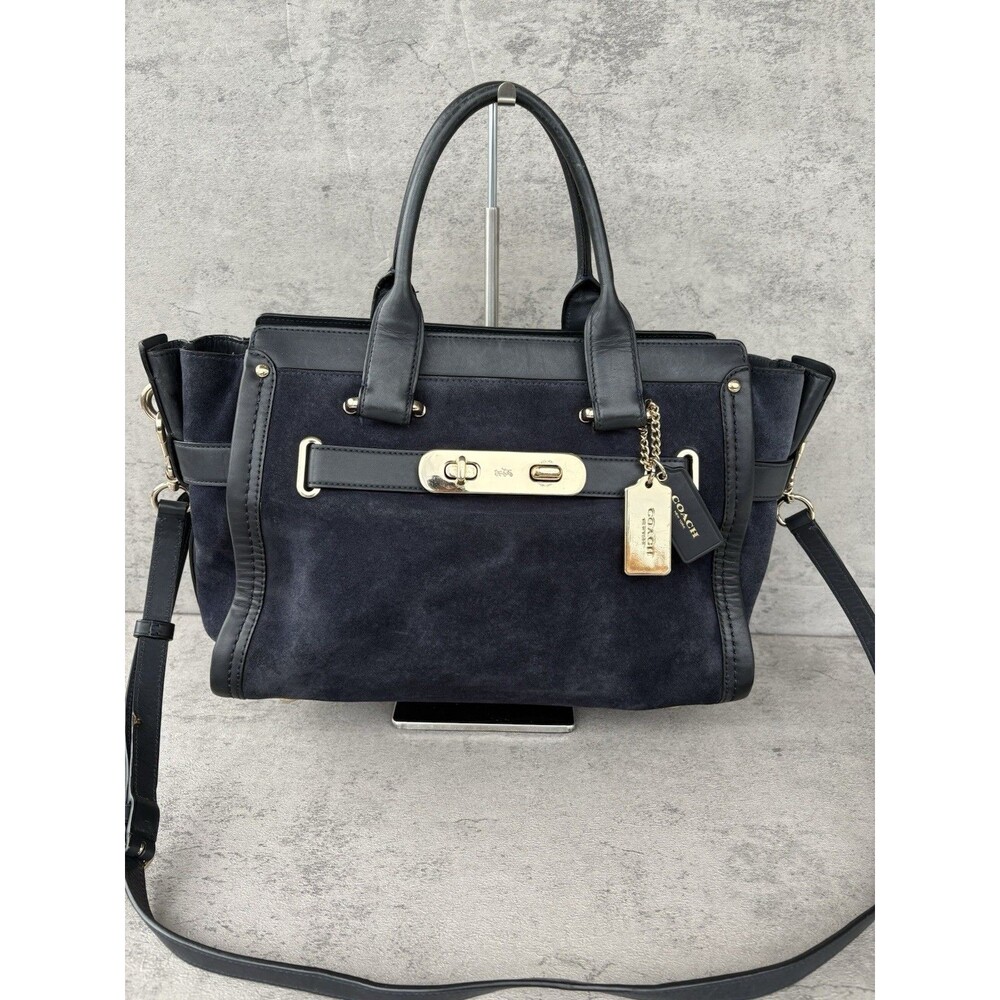 $780 Coach Swagger 32 Navy Suede Leather Crossbody Shoulder Bag HandBag 36112